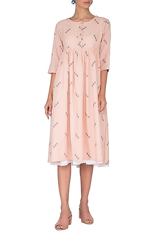 Peach Printed Jamdani Dress With Inner by Sagaa by Vanita