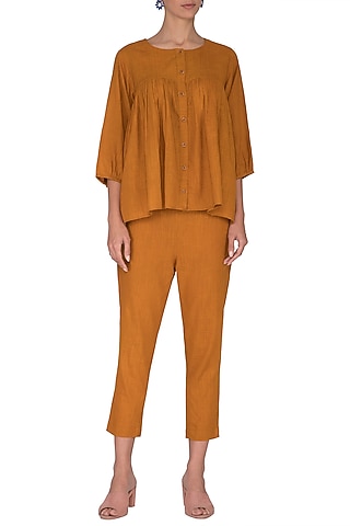 Rust Top With Embroidered Buttons & Pants by Sagaa by Vanita