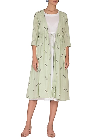 Emerald Green Printed Jacket Dress With Inner by Sagaa by Vanita