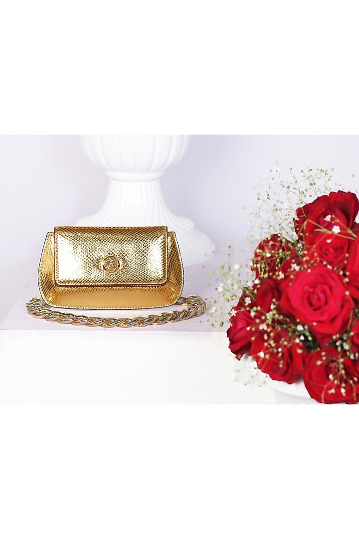 Gold Genuine Leather Clutch by SAURAV GHOSH at Pernia's Pop Up Shop