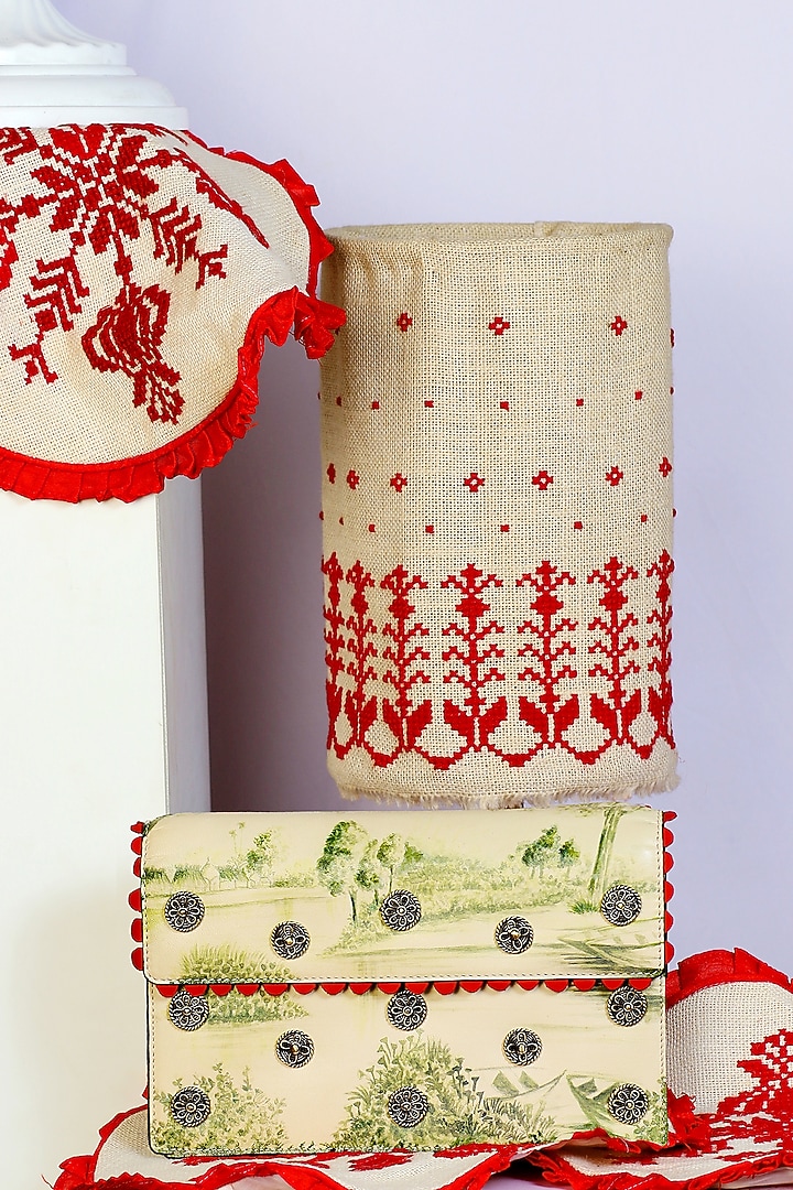Beige & Light Green Genuine Leather Handbag by SAURAV GHOSH at Pernia's Pop Up Shop