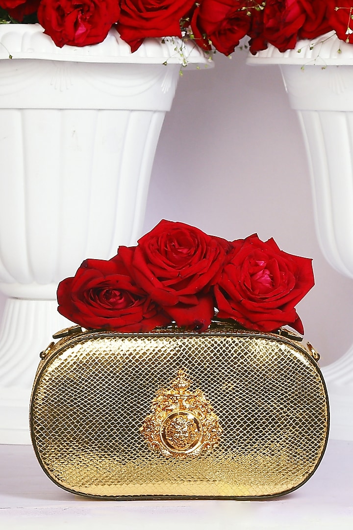 Gold Genuine Leather Handbag by SAURAV GHOSH at Pernia's Pop Up Shop
