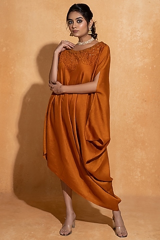Orange Dupion Silk Hand Embroidered Kaftan by Sugandh Gupta