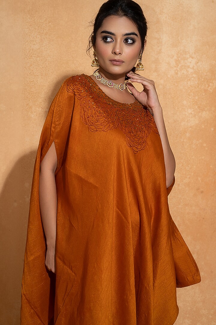 Orange Dupion Silk Hand Embroidered Kaftan by Sugandh Gupta at Pernia's Pop Up Shop