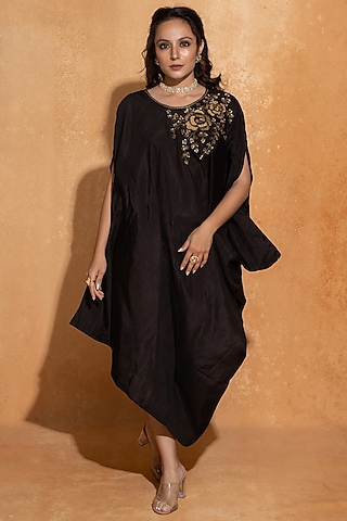 Black Dupion Silk Hand Embroidered Kaftan by Sugandh Gupta