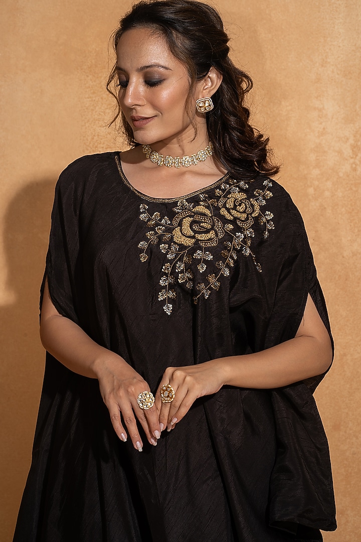Black Dupion Silk Hand Embroidered Kaftan by Sugandh Gupta at Pernia's Pop Up Shop