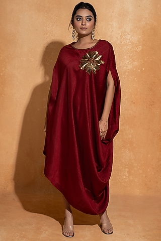 Maroon Dupion Silk Hand Embroidered Kaftan by Sugandh Gupta