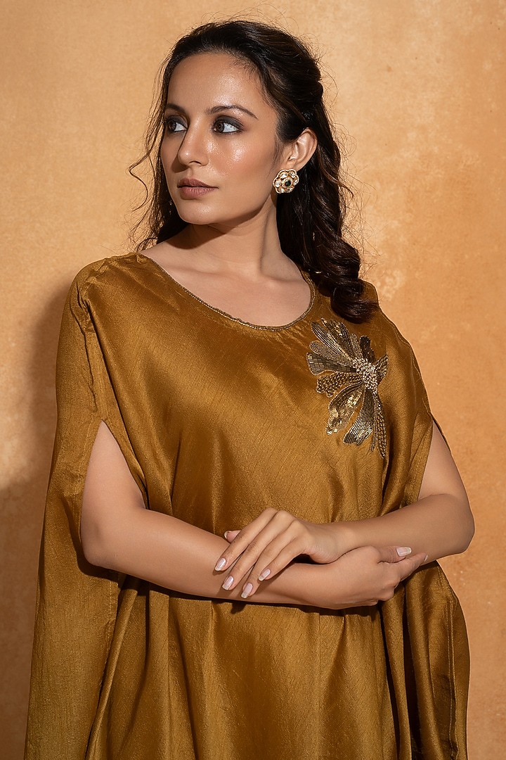 Mustard Dupion Silk Hand Embroidered Kaftan by Sugandh Gupta at Pernia's Pop Up Shop