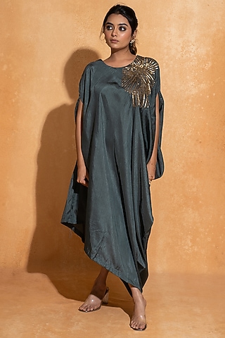 Steel Blue Dupion Silk Hand Embroidered Kaftan by Sugandh Gupta