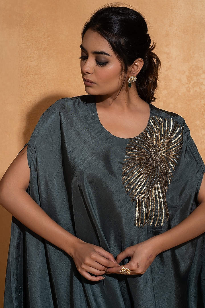 Steel Blue Dupion Silk Hand Embroidered Kaftan by Sugandh Gupta at Pernia's Pop Up Shop
