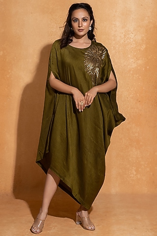Olive Green Dupion Silk Hand Embroidered Kaftan by Sugandh Gupta