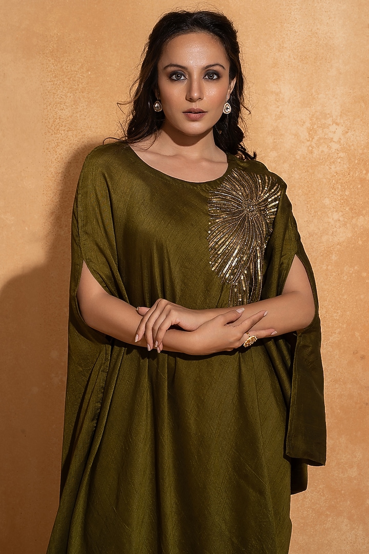 Olive Green Dupion Silk Hand Embroidered Kaftan by Sugandh Gupta at Pernia's Pop Up Shop