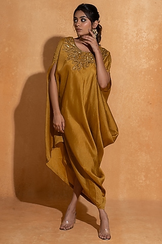 Mustard Dupion Silk Hand Embroidered Kaftan by Sugandh Gupta