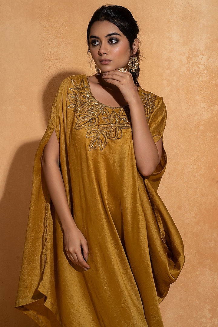 Mustard Dupion Silk Hand Embroidered Kaftan by Sugandh Gupta at Pernia's Pop Up Shop