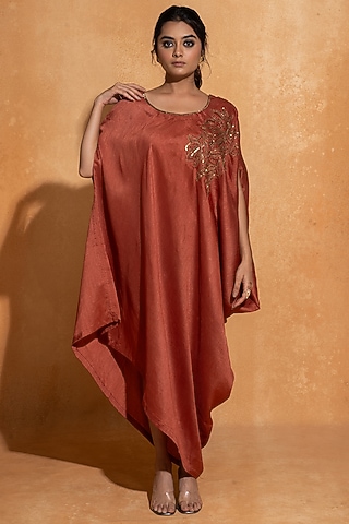 Peach Dupion Silk Hand Embroidered Kaftan by Sugandh Gupta