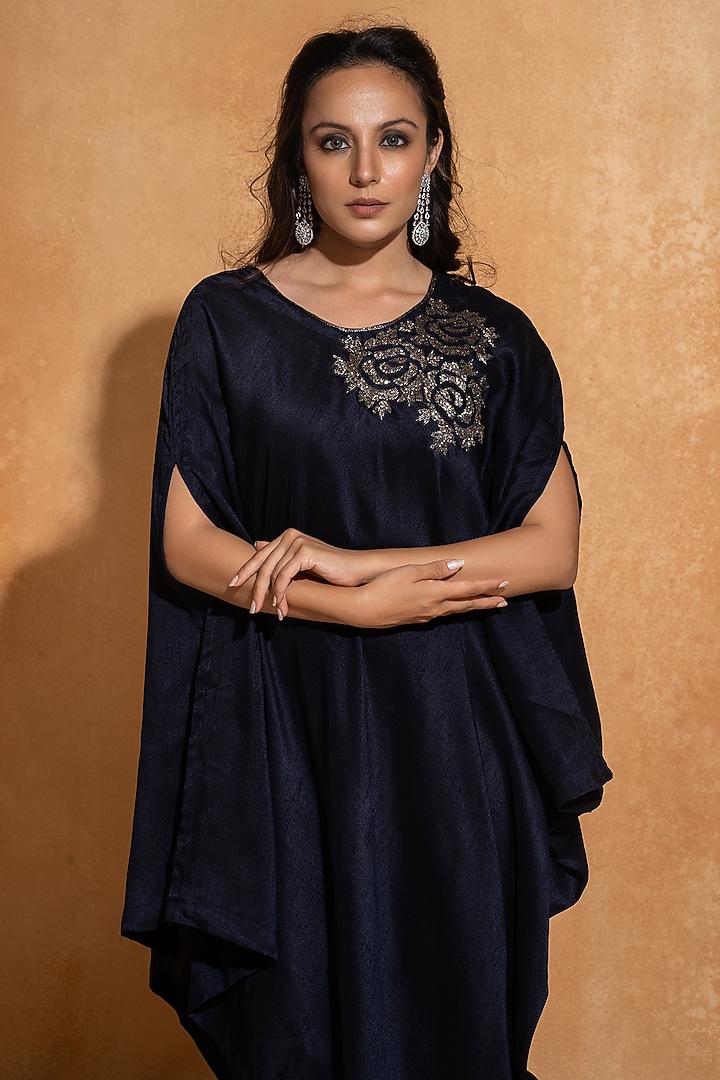Royal Blue Dupion Silk Hand Embroidered Kaftan by Sugandh Gupta at Pernia's Pop Up Shop