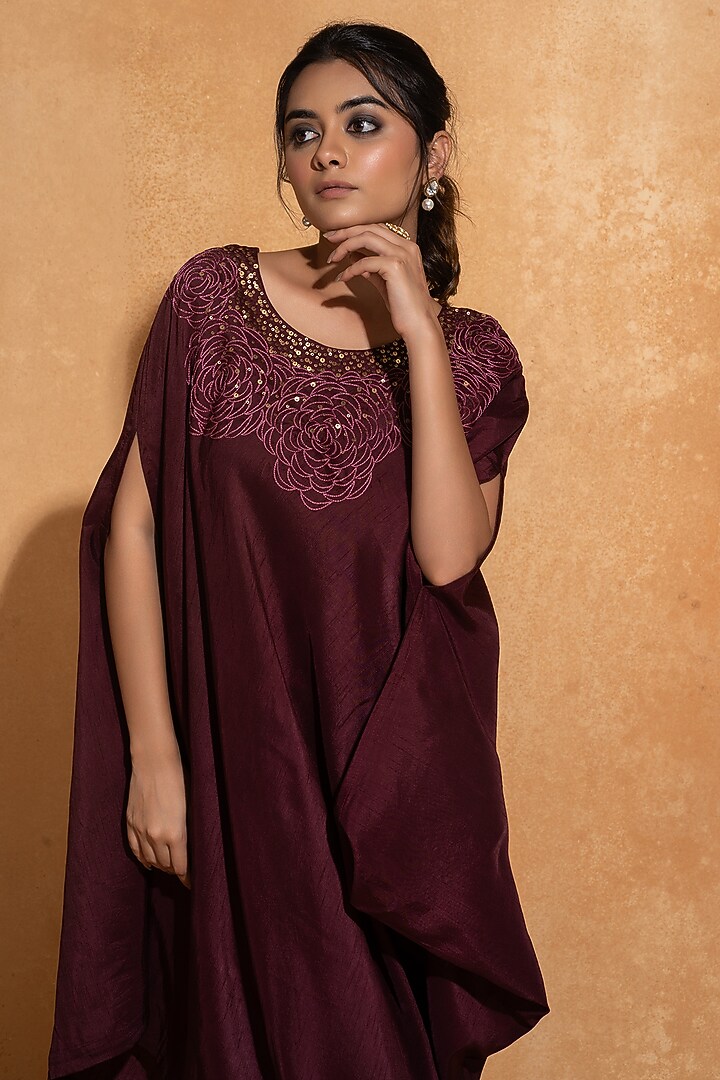 Wine Dupion Silk Hand Embroidered Kaftan by Sugandh Gupta at Pernia's Pop Up Shop