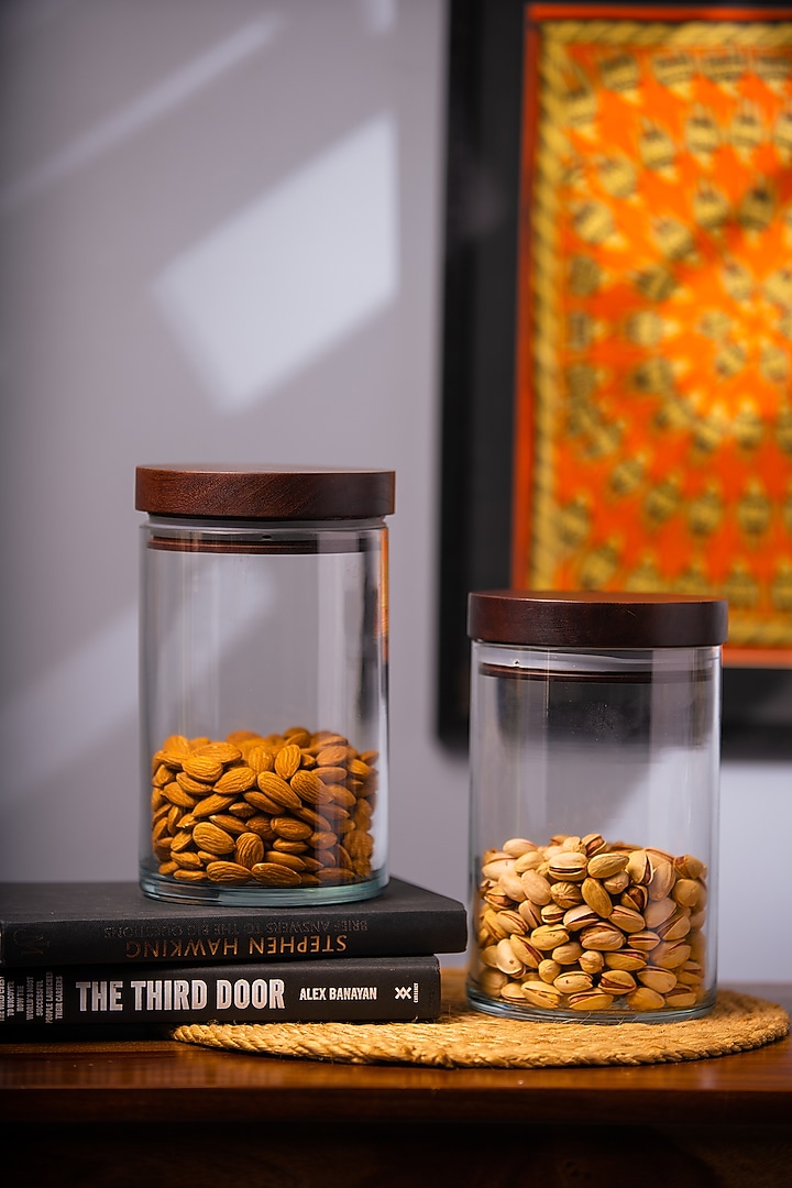 Brown Glass & Wood Storage Jars Set by SG Home at Pernia's Pop Up Shop