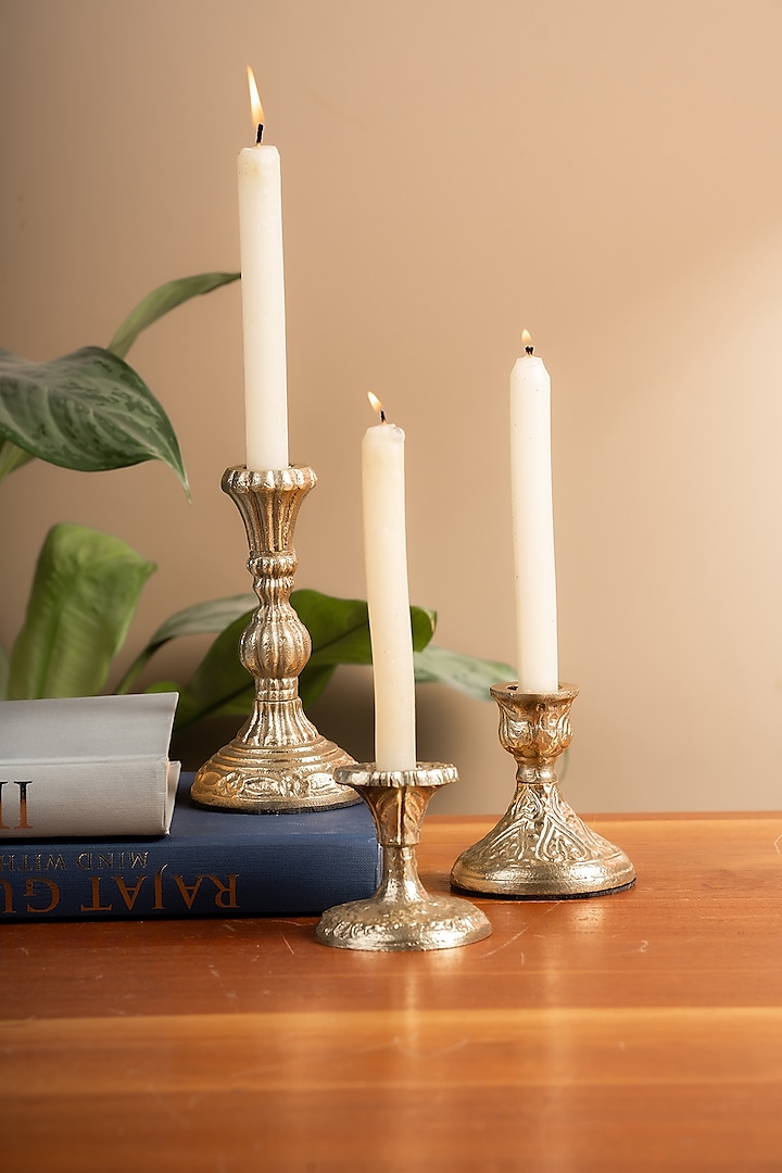 Silver Metal Colonial Candle Holders (Set Of 3) by SG Home at Pernia's Pop Up Shop