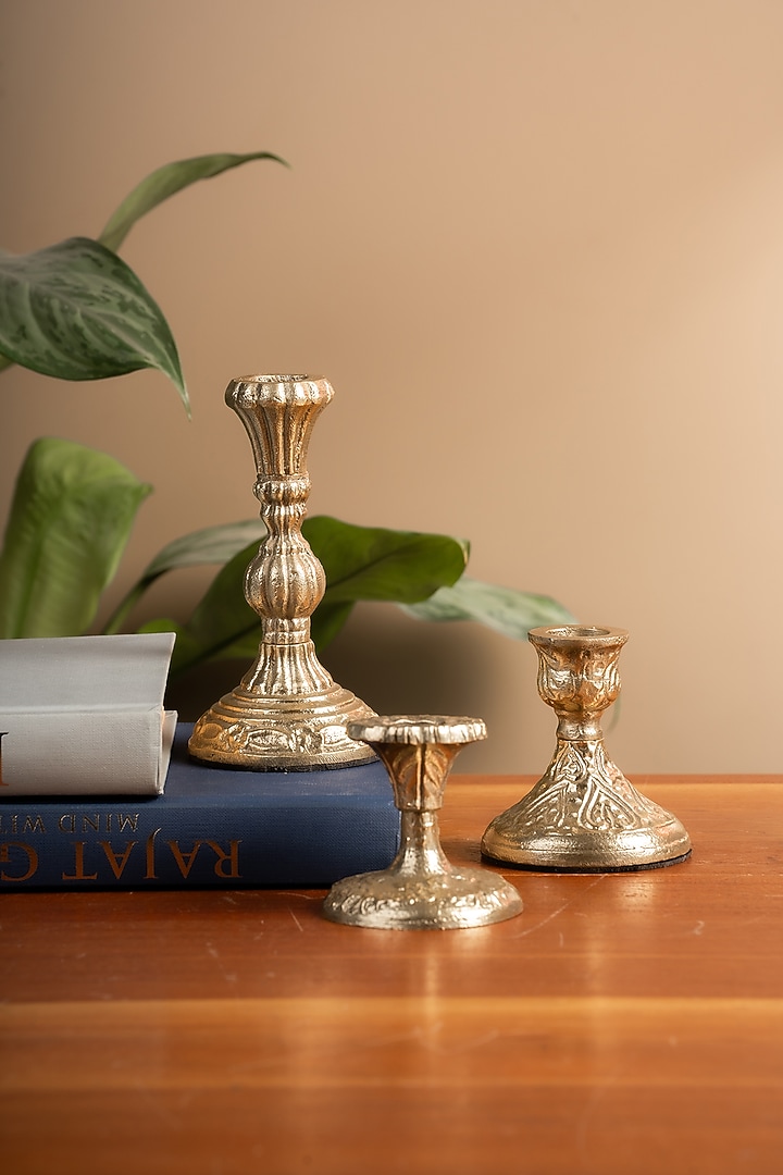 Silver Metal Colonial Candle Holders (Set Of 3) by SG Home at Pernia's Pop Up Shop