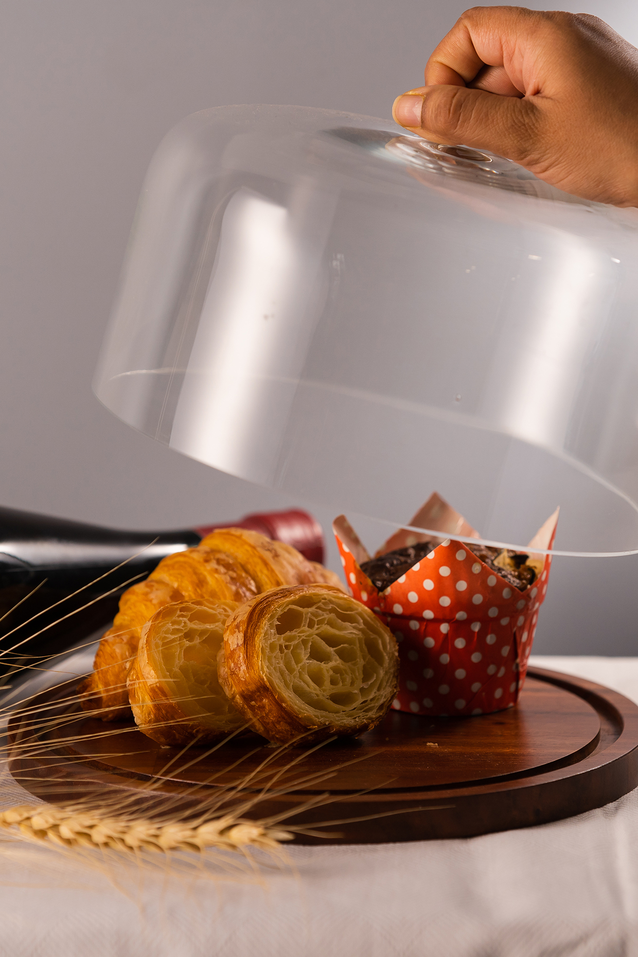 Natural Flat Wooden Cake Stand With Glass Dome by SG Home