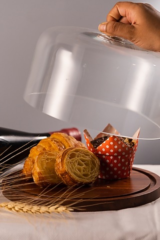 Natural Flat Wooden Cake Stand With Glass Dome by SG Home