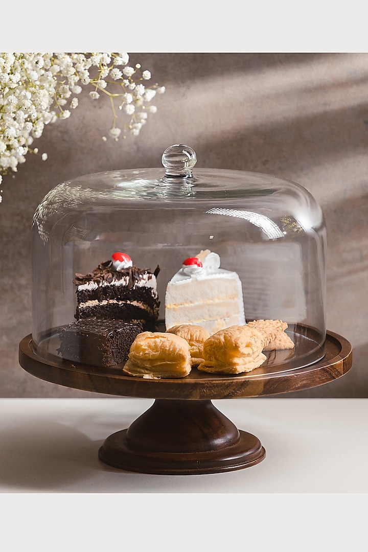Brown Wooden Dessert Stand With Glass Cloche by SG Home