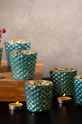 Cyan Blue Braid Glass Votives Hamper (Set of 6) by SG Home