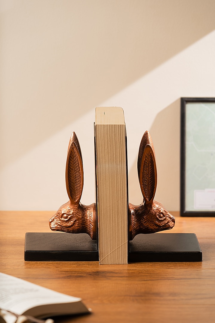 Rose Gold & Grey Metal Handcrafted Rabbit-Shaped Bookends by SG Home