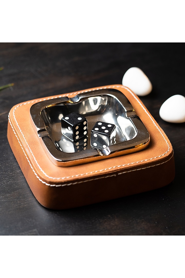 Tan Faux Leather & Metal Ash Tray by SG Home at Pernia's Pop Up Shop