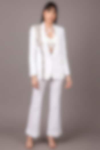 White Embroidered Single-Breasted Blazer Set by Shagufta Rahim