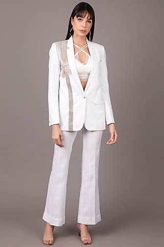 White Embroidered Single-Breasted Blazer Set by Shagufta Rahim