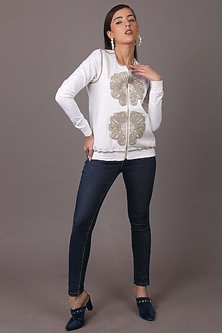 White Embroidered Bomber Jacket by Shagufta Rahim