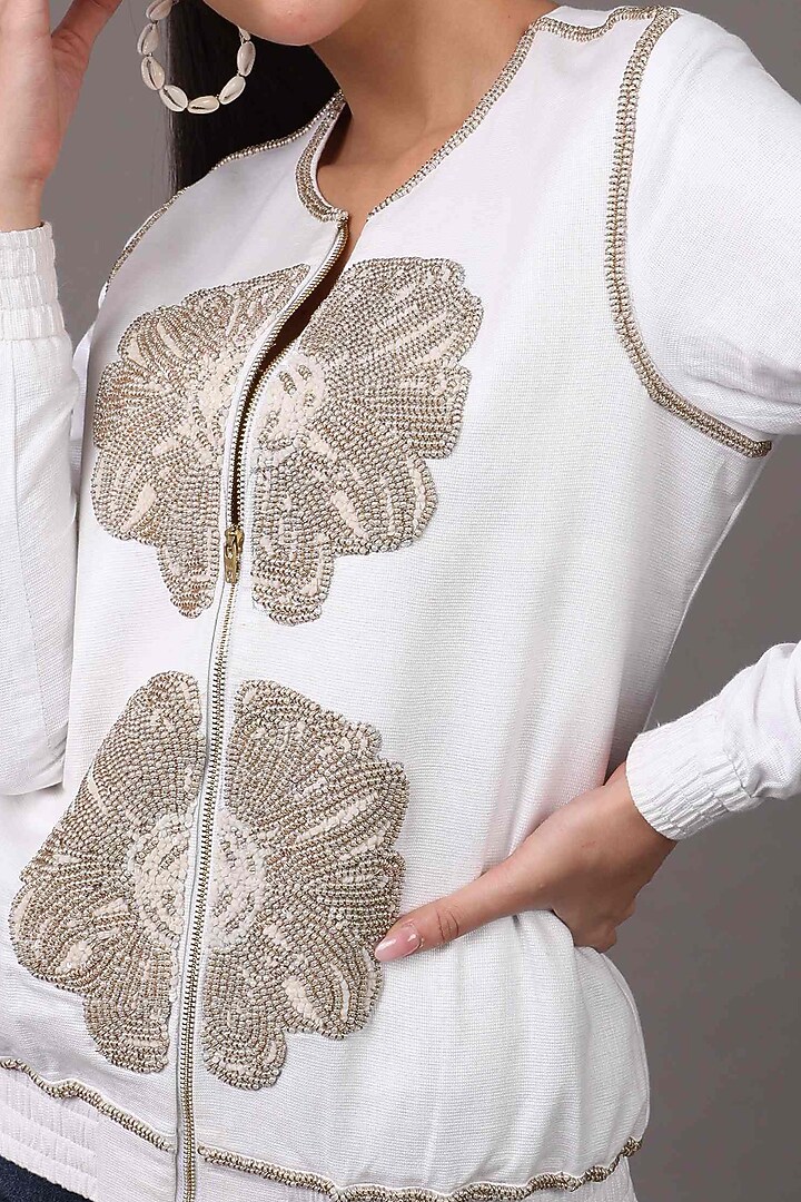 White Embroidered Bomber Jacket by Shagufta Rahim at Pernia's Pop Up Shop