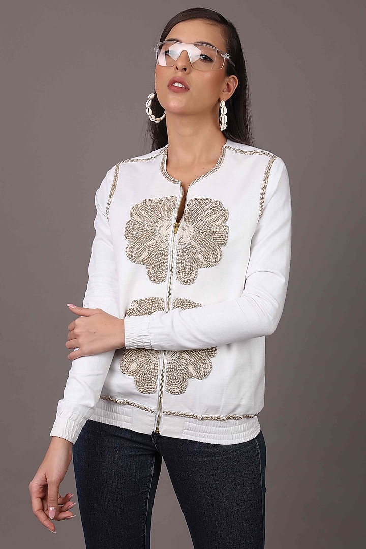 White Embroidered Bomber Jacket by Shagufta Rahim at Pernia's Pop Up Shop