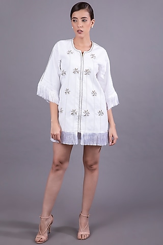White Hand Embroidered Frilled Dress by Shagufta Rahim