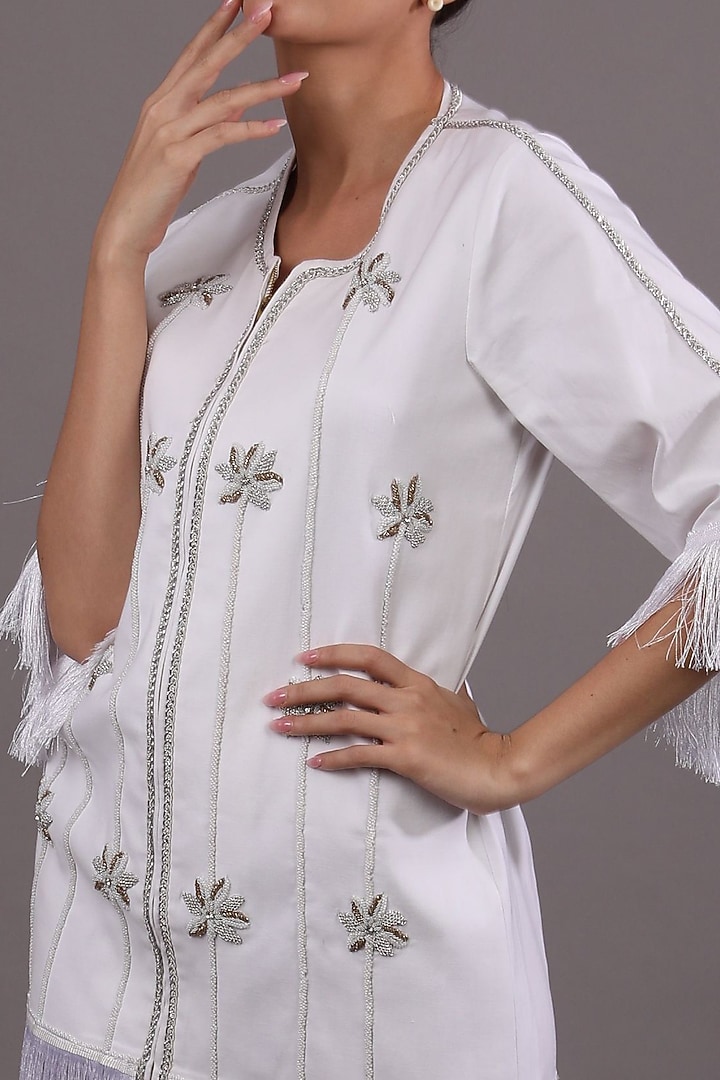 White Hand Embroidered Frilled Vacation Dress by Shagufta Rahim at Pernia's Pop Up Shop