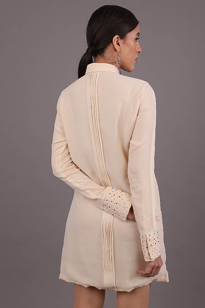 Nude Embroidered Pleated Vacation Shirt Dress by Shagufta Rahim at Pernia's Pop Up Shop