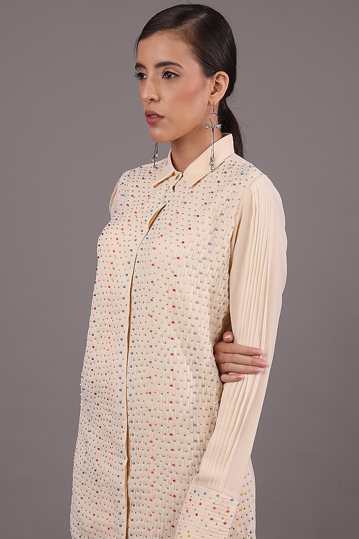 Nude Embroidered Pleated Vacation Shirt Dress by Shagufta Rahim at Pernia's Pop Up Shop
