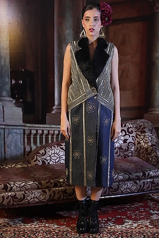Dark Navy Blue Hand Embroidered Long Jacket by Shagufta Rahim