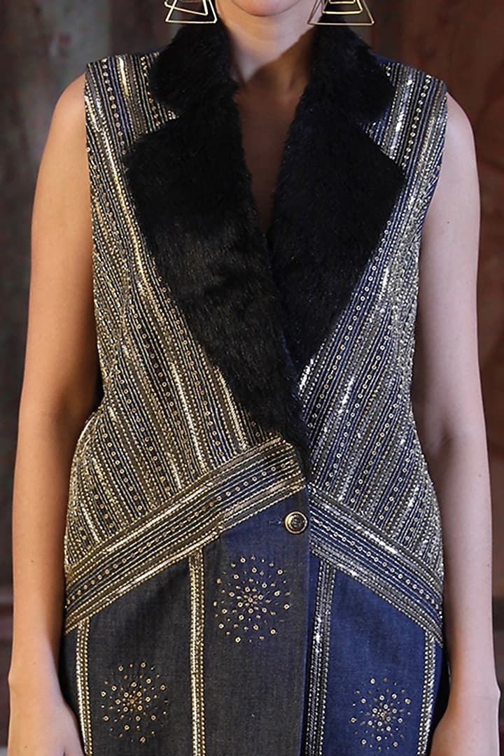 Dark Navy Blue Hand Embroidered Long Jacket by Shagufta Rahim at Pernia's Pop Up Shop