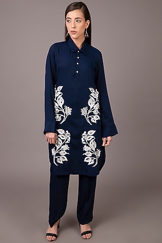 Dark Navy Blue Embroidered Kurta Set by Shagufta Rahim