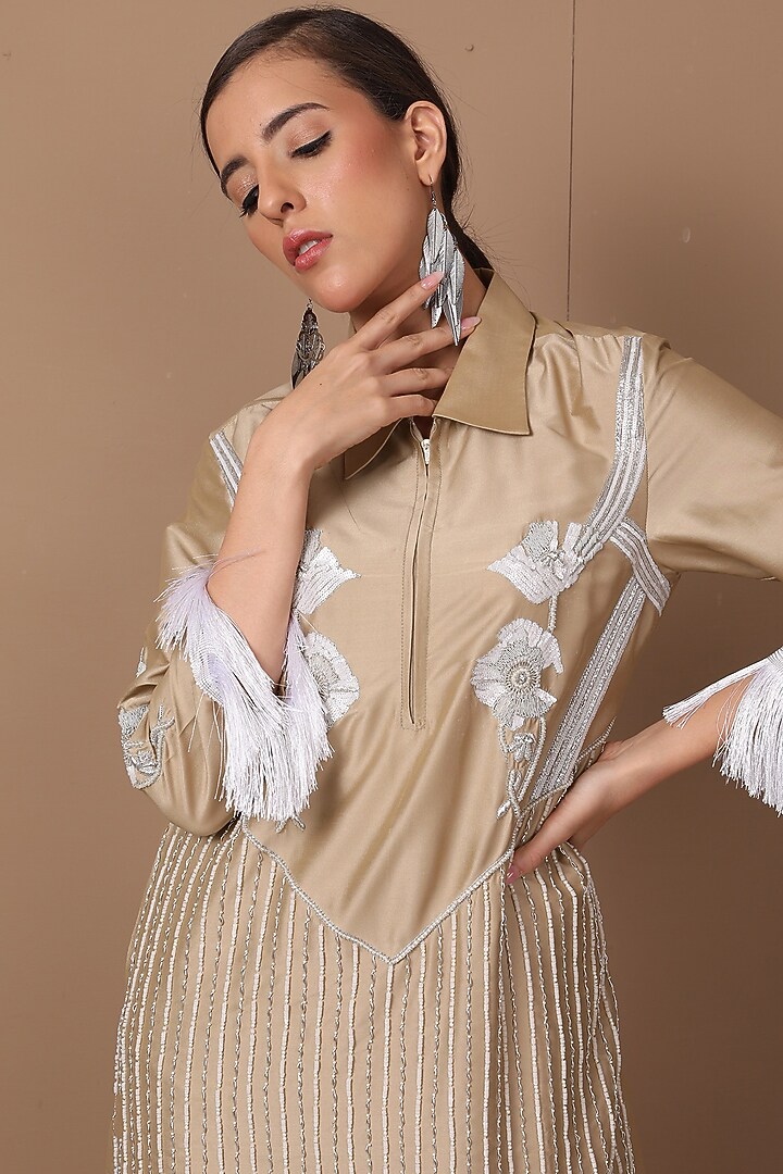 Beige Hand Embroidered Vacation Dress by Shagufta Rahim at Pernia's Pop Up Shop