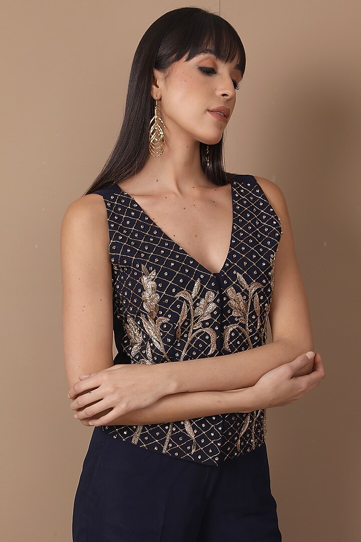 Dark Navy Blue Hand Embroidered Jacket Set by Shagufta Rahim at Pernia's Pop Up Shop