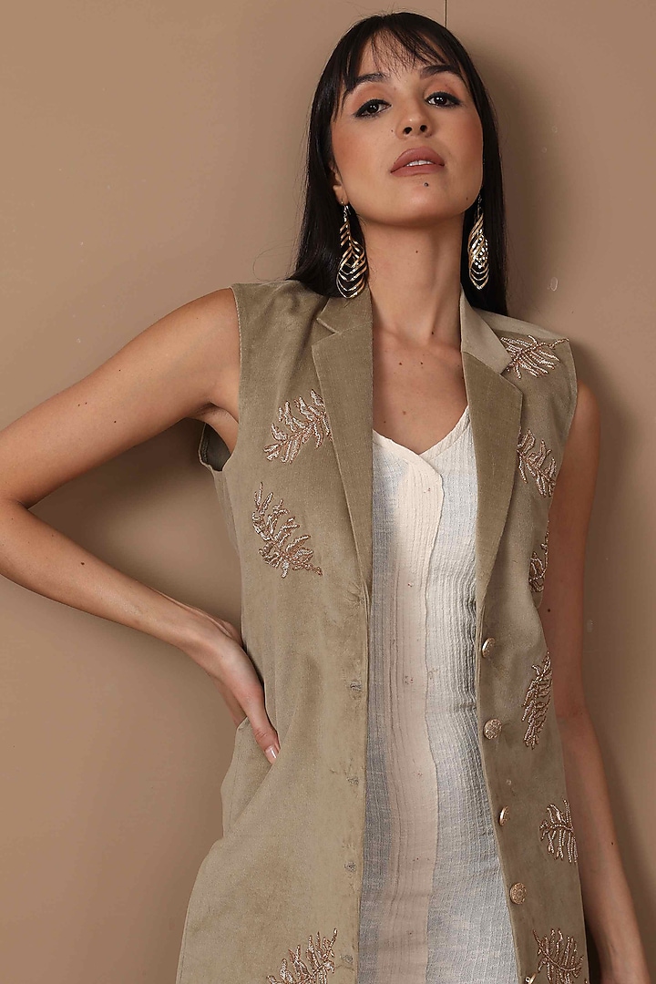 Beige Hand Embroidered Jacket by Shagufta Rahim at Pernia's Pop Up Shop