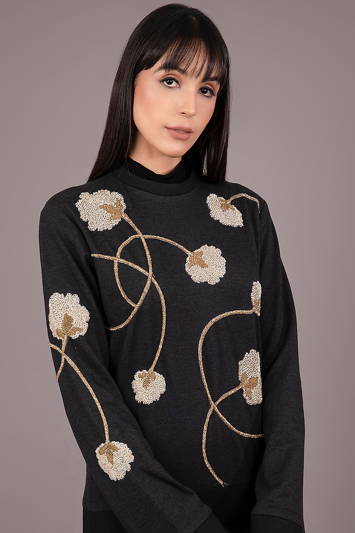 Charcoal Black Hand Embroidered Sweatshirt by Shagufta Rahim at Pernia's Pop Up Shop