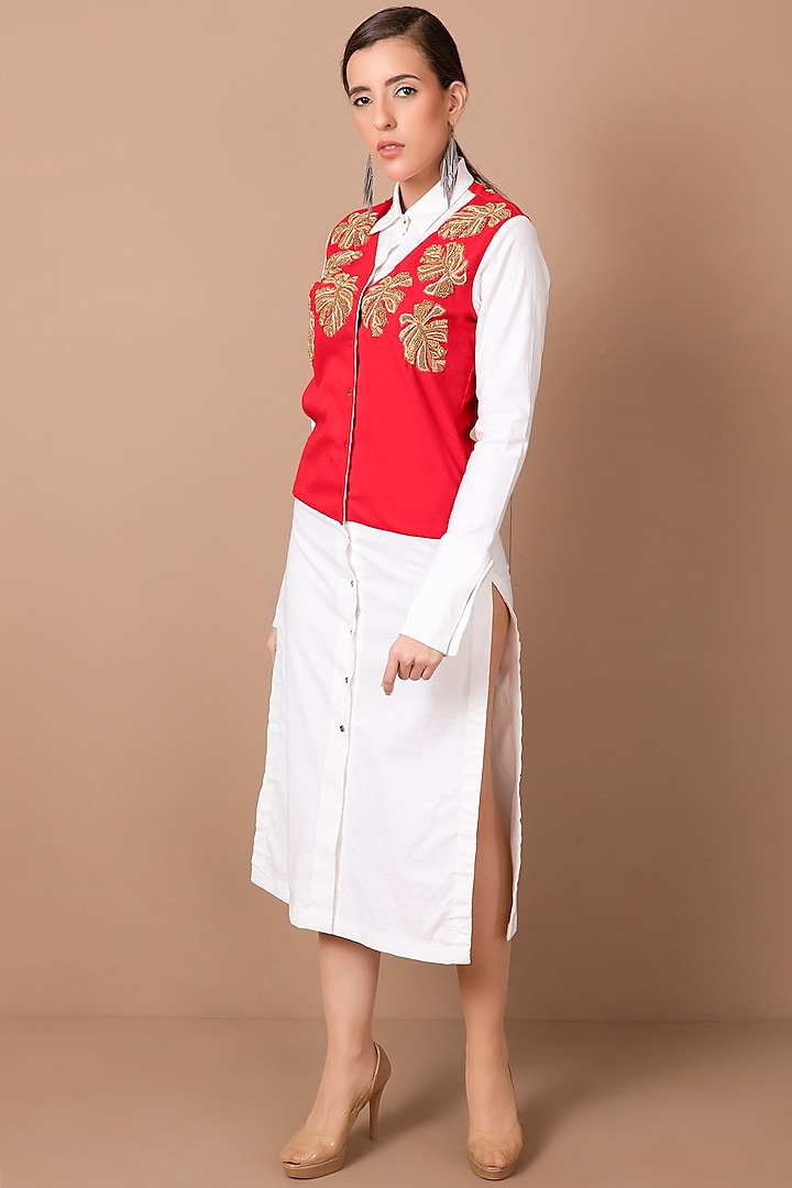 White & Red Hand Embroidered Shirt Dress by Shagufta Rahim