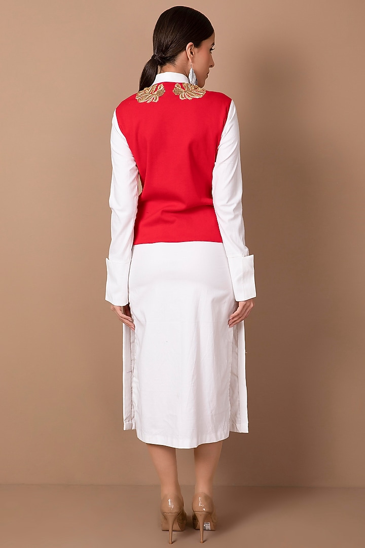 White & Red Hand Embroidered Vacation Shirt Dress by Shagufta Rahim at Pernia's Pop Up Shop