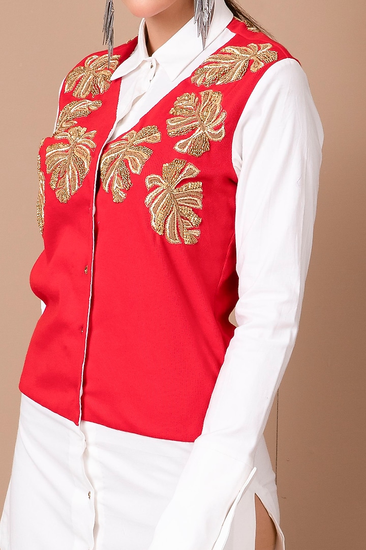 White & Red Hand Embroidered Vacation Shirt Dress by Shagufta Rahim at Pernia's Pop Up Shop