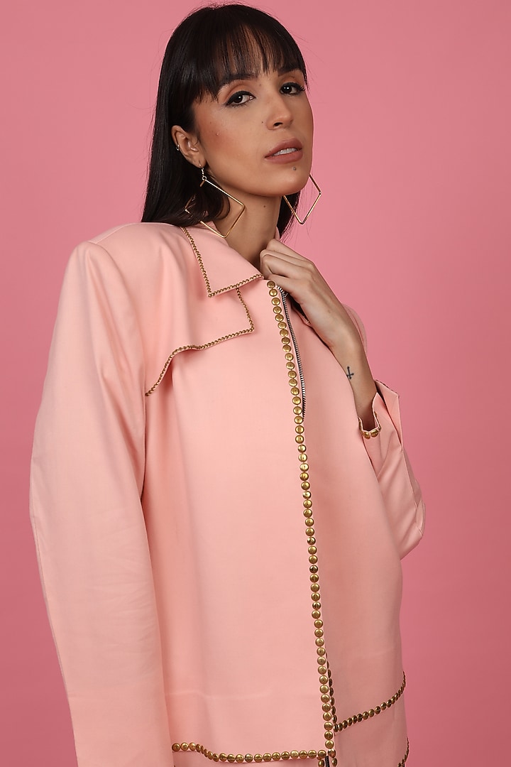 Blush Pink Hand Embroidered Bomber Jacket by Shagufta Rahim at Pernia's Pop Up Shop